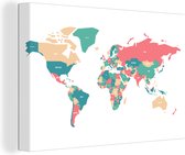 Canvas Wereldkaart - 90x60 - Wanddecoratie Wereldkaart - Roze - Blauw - Simpel