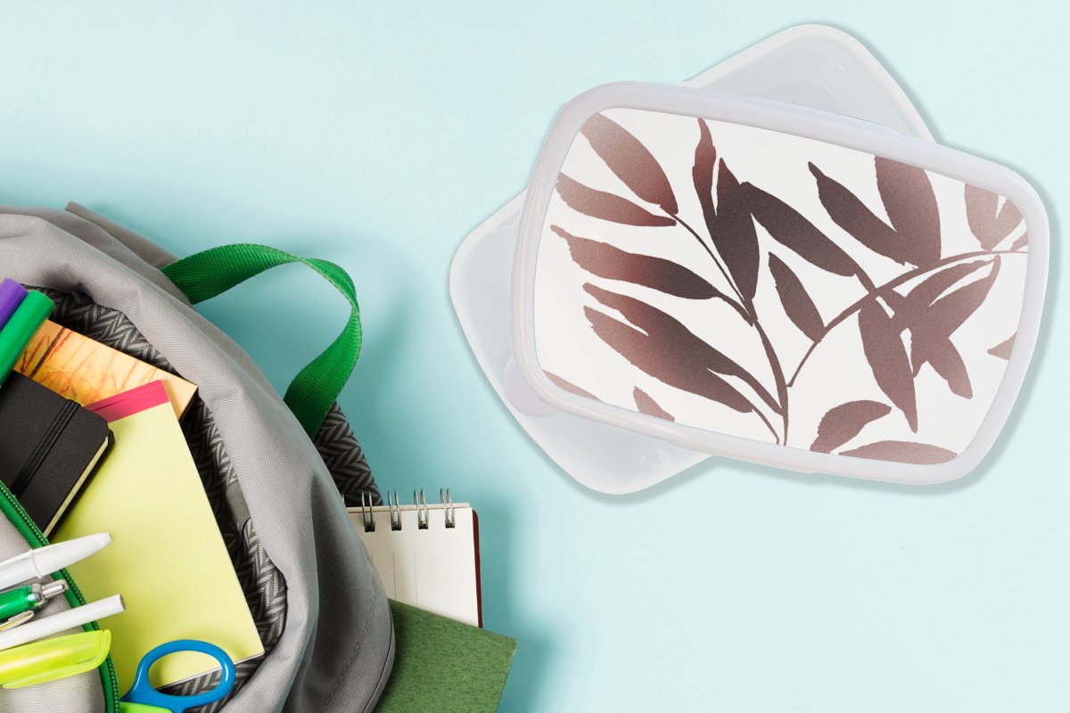 Broodtrommel Wit - Lunchbox - Brooddoos - Bladeren - Design - Abstract - 18x12x6 cm - Volwassenen
