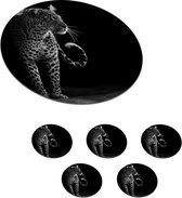 Onderzetters voor glazen - Rond - Wilde dieren - Luipaard - Natuur - Zwart - Wit - 10x10 cm - Glasonderzetters - 6 stuks