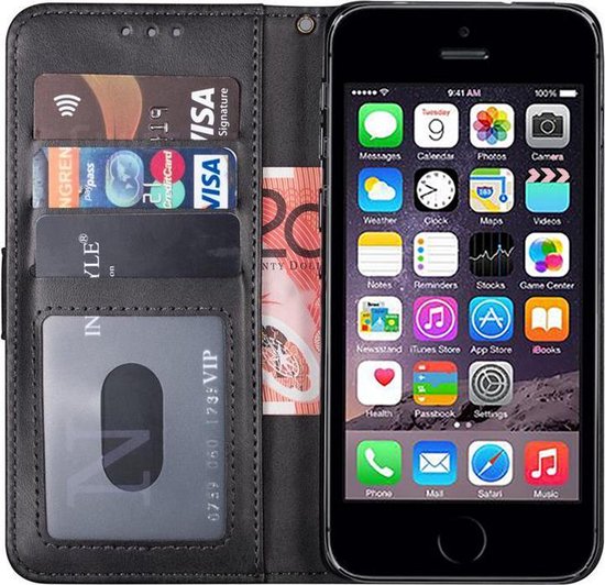 iPhone SE 2016 en iPhone 5 en iPhone 5S hoesje bookcase wallet case  portemonnee book... | bol.com