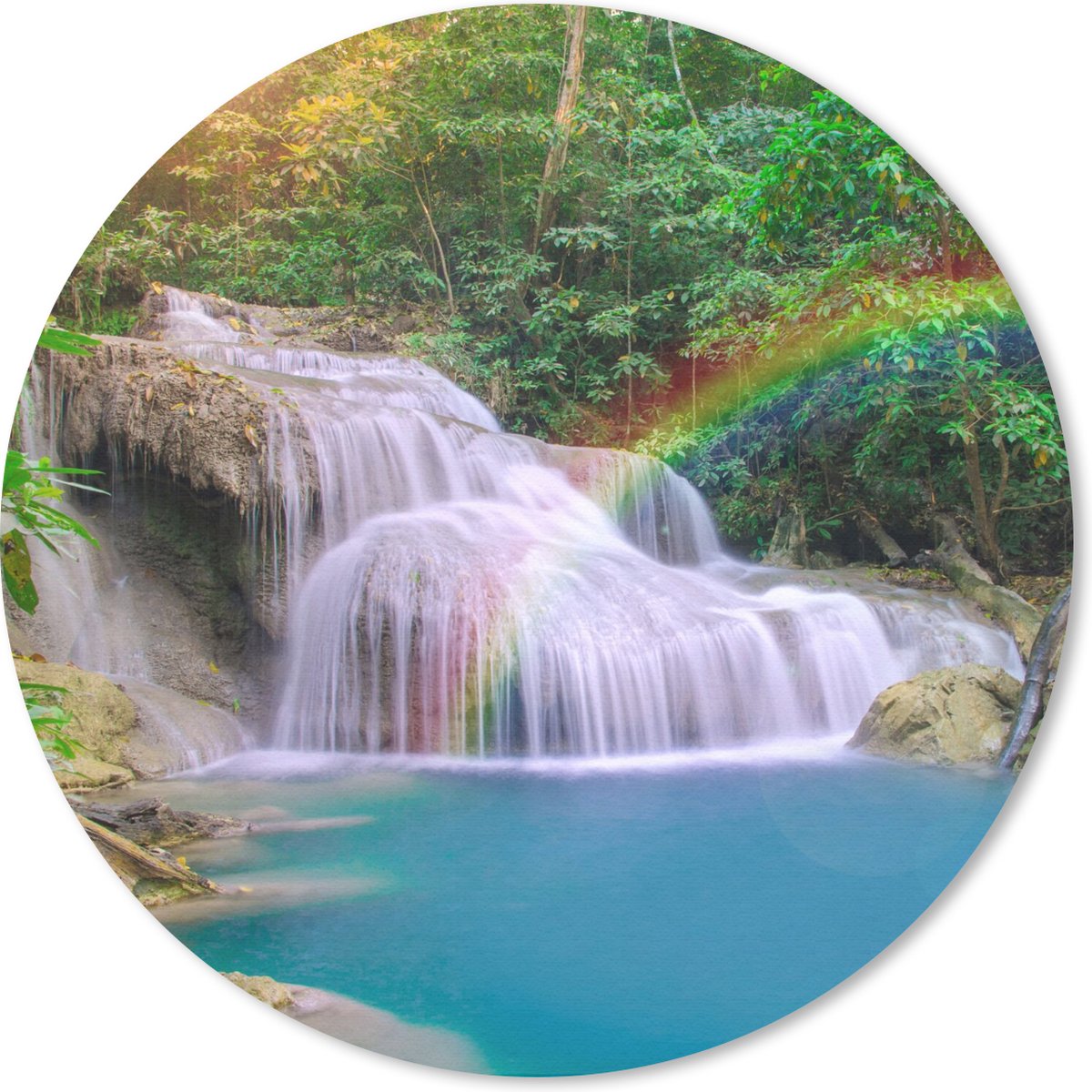 Muismat rond 40x40 cm - Mousepad Regenboog - Zon - Waterval - Natuur - Ronde muismatten