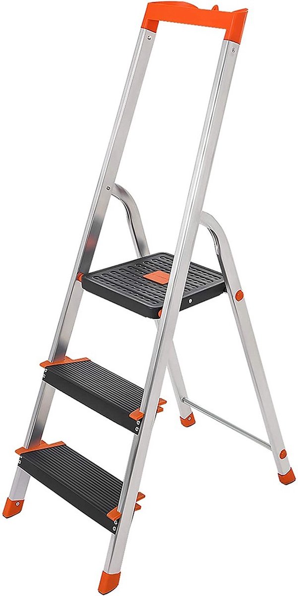 Ladder Lillie - Met 3 treden - Aluminium ladder - 12 cm brede treden - Met ribbels - Antislipvoetjes - Met leuning - Gereedschapsbak - Max. draagvermogen 150 kg - Getest door TV Rheinland - Zilver