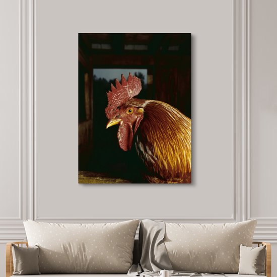 Canvas schilderij 120x160 cm - Wanddecoratie Goudbruine haan in een schuur - Muurdecoratie woonkamer - Slaapkamer decoratie - Kamer accessoires - Schilderijen