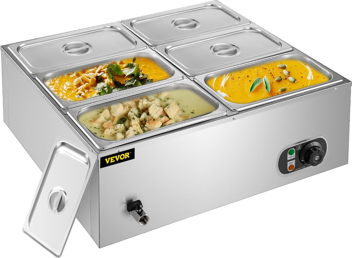 Elektrische Buffetwarmer - Warmhoudplaat - Buffetserveerder - 6 Buffet Reservoirs - Inclusief Temperatuur Regelaar - 48 Liter