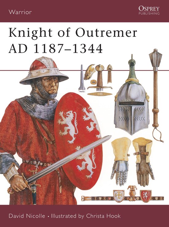 Een ridder in rood harnas met maliënkolder, helm en schild met leeuwen. Omringd door wapens en helmen.