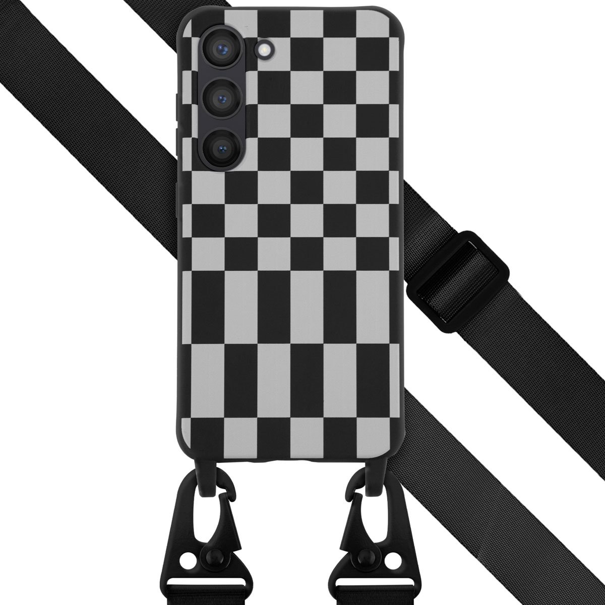 Selencia Hoesje Geschikt voor Samsung Galaxy S23 Hoesje Met Koord - Selencia Siliconen design hoesje met afneembaar koord - Zwart / Irregular Check Black