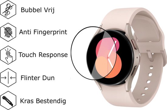 Lichtroze smartwatch met screenprotector. Links: Bubbel Vrij, Anti Fingerprint, Touch Response, Flinter Dun, Kras Bestendig.