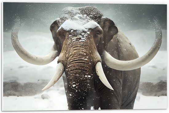 PVC Schuimplaat- Olifant met grote slagtanden in de sneeuw - 60x40 cm Foto op PVC Schuimplaat