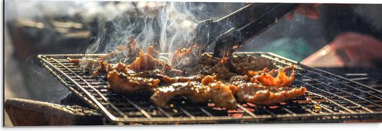 Dibond - Barbecue - Kool - Rook - Tang - Vlees - Bakken - Eten - Buiten - 90x30 cm Foto op Aluminium (Met Ophangsysteem)