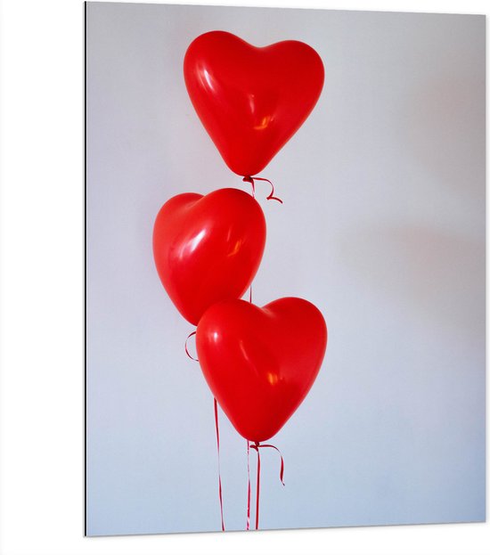 Dibond - Ballonnen - Rood - Hart - Liefde - 75x100 cm Foto op Aluminium (Wanddecoratie van metaal)