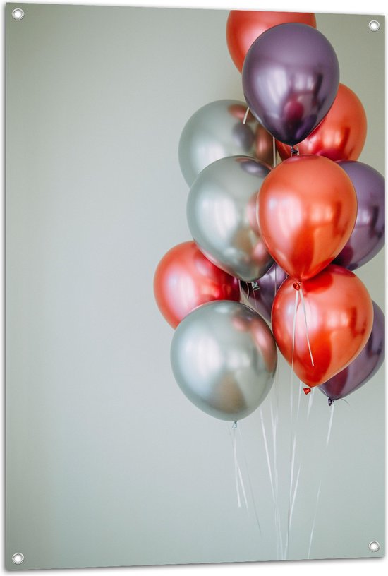 Tuinposter – Ballonnen - Metallic - Rood - Paars - Zilver - 70x105 cm Foto op Tuinposter (wanddecoratie voor buiten en binnen)