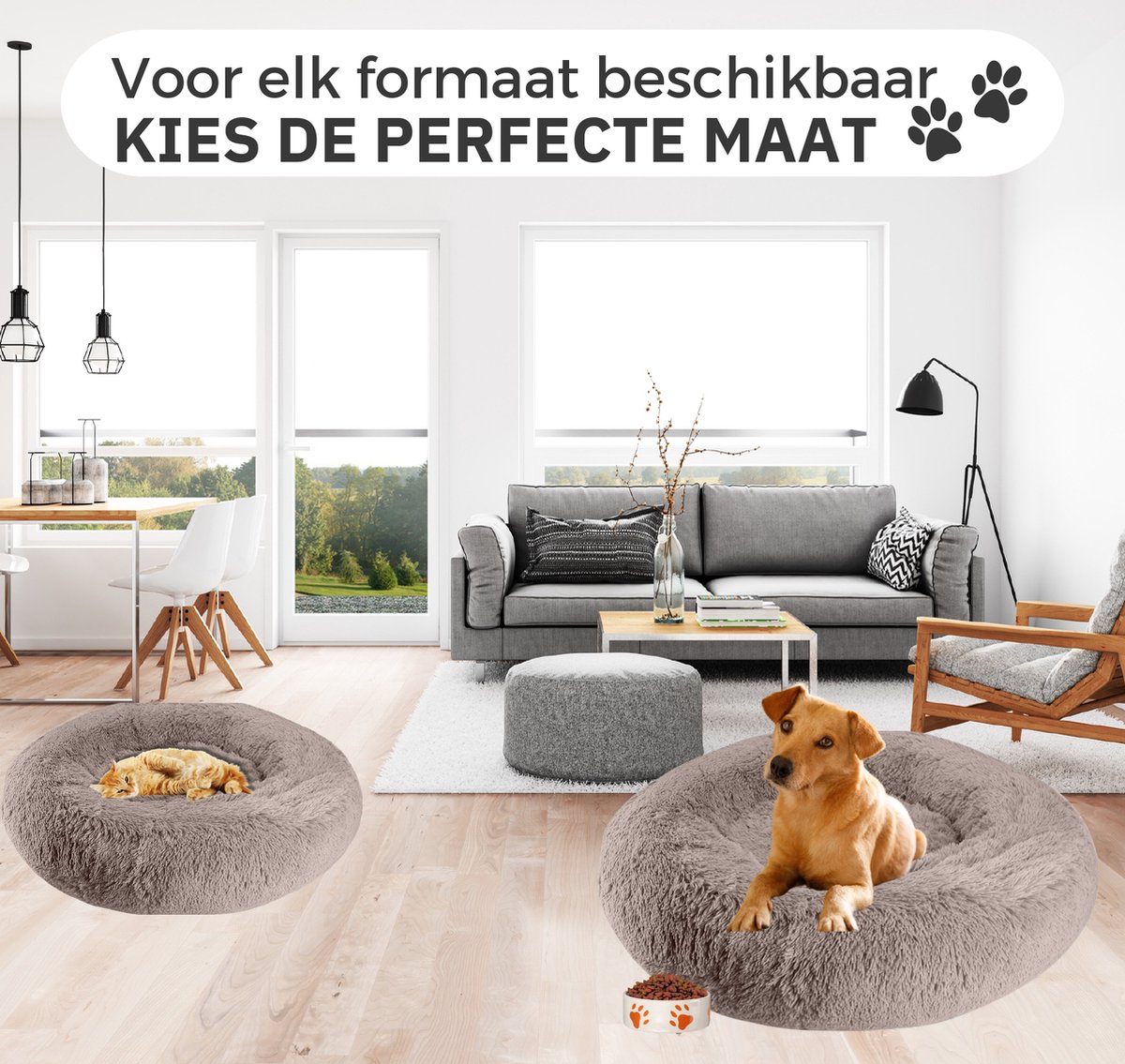 Donut Hondenmand - Kattenmand - Maat M - 60cm (ligvlak van 45cm) - Kaki - Fluffy en Wasbaar thumbnail 4