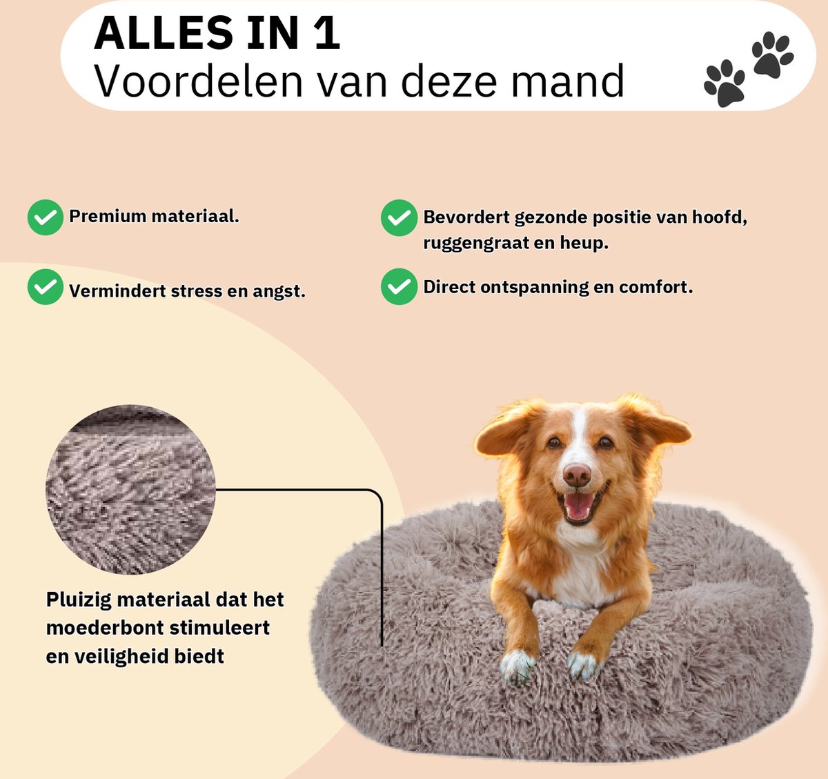 Donut Hondenmand - Kattenmand - Maat M - 60cm (ligvlak van 45cm) - Kaki - Fluffy en Wasbaar thumbnail 3