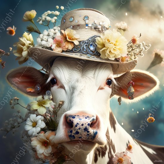 JJ-Art (Aluminium) 100x100 | Vache avec chapeau, bijoux et fleurs, style  hippie, nez... | bol
