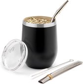 BALIBETOV [Nouveau] Set moderne de 350 ml de gourde Yerba Mate (coupe Mate) - Double paroi en acier inoxydable 18/8 - Comprend deux bombillas et une brosse de nettoyage (NOIR, 355 ml)