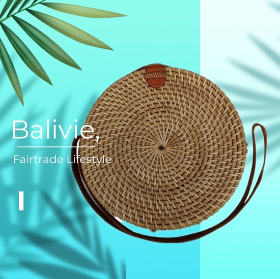Balivie - Tas - Schoudertas - Dames - Crossbody tas - Rattan - Kleur naturel - Diameter 20 cm - Leren hengsel