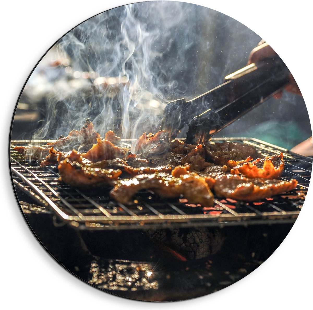 Dibond Muurcirkel - Barbecue - Kool - Rook - Tang - Vlees - Bakken - Eten - Buiten - 40x40