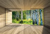 Fotobehang - Vlies Behang - 3D Raamzicht op de Berkenbomen in het Bos - Berkenbos - 312 x 219 cm