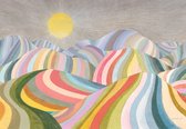 Fotobehang - Vlies Behang - Schilderij met Kleurrijke Bergen en de Zon - Kunst - 208 x 146 cm
