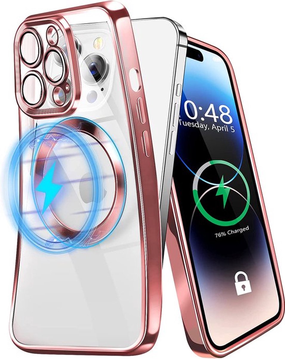 iPhone 14 Pro Max hoesje Magnetisch Met Lens beschermer – Transparant / Roze - Magneet hoesje MagSafe Compatible Case cover iPhone 14 Pro Max.