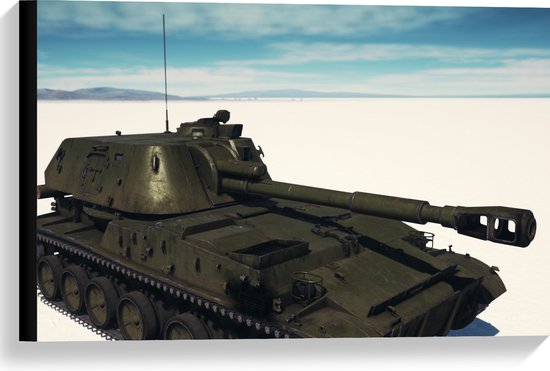 Canvas - Legergroene Tank in de Woestijn - 60x40 cm Foto op Canvas Schilderij (Wanddecoratie op Canvas)