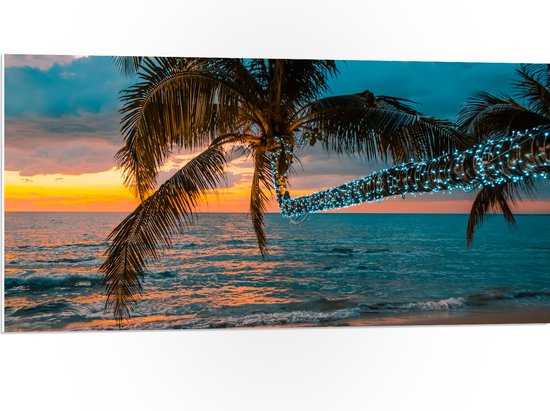 PVC Schuimplaat- Palmbladeren Hangend over het Strand bij de Kust - 100x50 cm Foto op PVC Schuimplaat