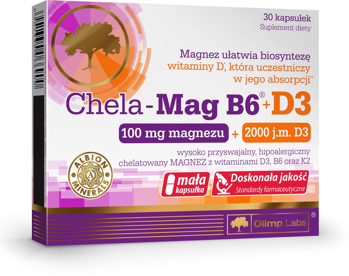Chela-Mag B6+D3 30 caps, 100 mg hypoallergeen magnesium + 2000 IE D3 + K2 in kleine capsules