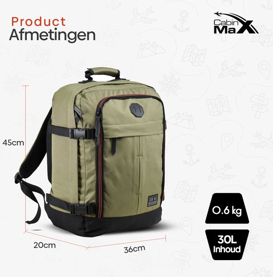 CabinMax Metz Travel Bag - Bagage à Bagage à main 30L - Sac à dos - Sac à dos - 45x35x20cm - Léger - Kaki