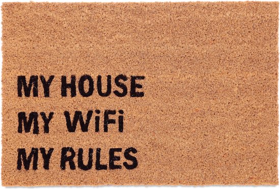 Relaxdays Paillasson noix de coco avec texte - 'ma maison, mon wifi, mes règles' - 60x40 cm - tapis de noix de coco