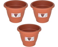 Set van 3x stuks terra cotta kleur ronde plantenpot/bloempot kunststof diameter 14 cm - Plantenbakken/bloembakken voor buiten