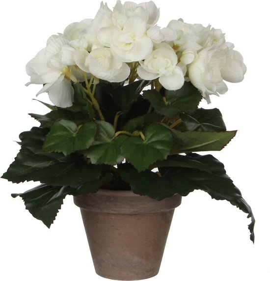 Witte Begonia kunstplant met bloemen 25 cm in grijze pot - Kunstplanten/nepplanten - Voor binnen