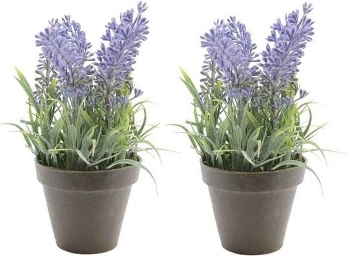Bellatio Flowers & Plants Bellatio Kunstplant - 2x stuks - lavendel - paars - 17 cm - in pot - lavandula - Kunstplanten/nepplanten