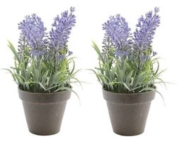 Bellatio Kunstplant - 2x stuks - lavendel - paars - 17 cm - in pot - lavandula - Kunstplanten/nepplanten