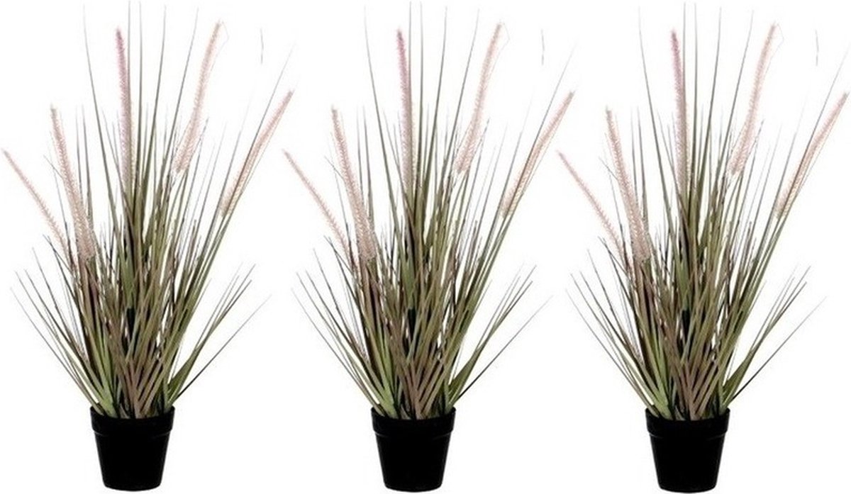 Mica Decorations Groene Dogtail/siergras kunstplant 53 cm in zwarte pot - 3x - Kunstplanten/nepplanten