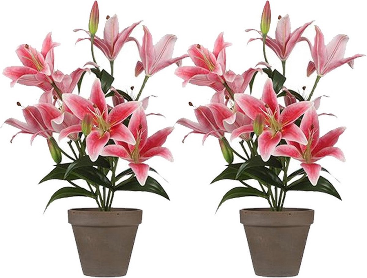 Mica Decorations Tigerlily/tijgerlelie kunstplant - 2x - fuchsia - 47 cm - Kunstplanten/nepplanten
