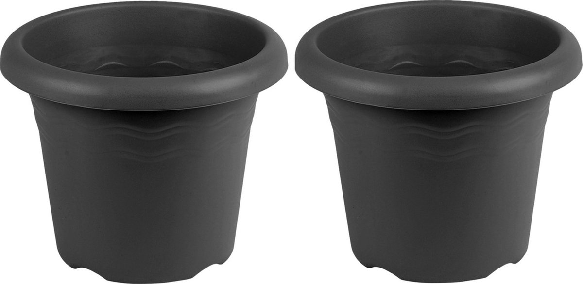 2x Antraciete plantenbakken/bloempotten 22 cm - Woon/tuinaccessoires/decoratie - Ronde bloempotten/plantenpotten voor binnen/buiten