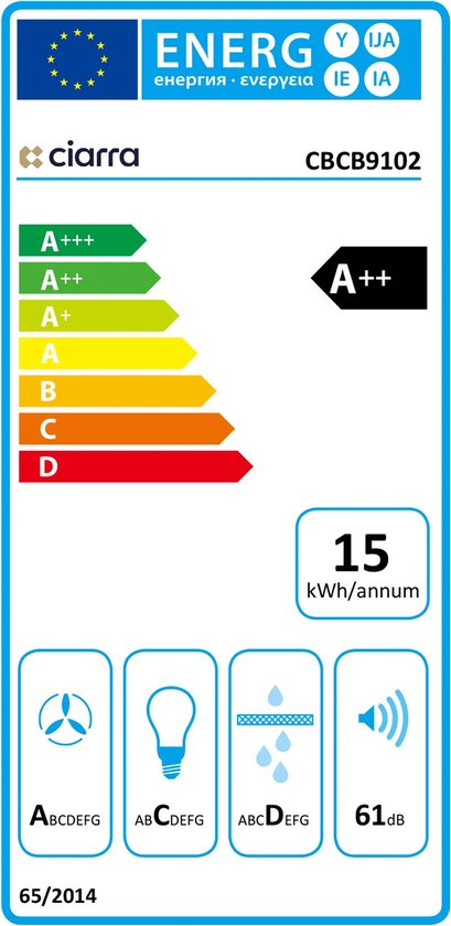 Ciarra recirculatie afzuigkap 90 cm, Wi-Fi & app aanraakbediening, 650