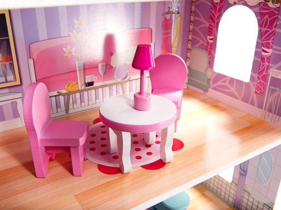 Valetti Poppenhuis Hout XL - 79-Delig - Roze - Incl. Poppen Meubels- H.70x B.62x D.27 cm -XL Dollhouse