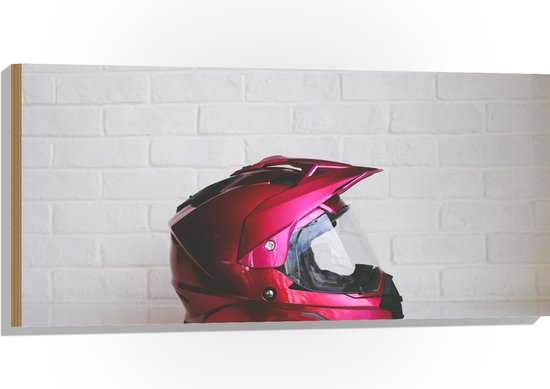 Hout - Roze Motor Helm voor Witte Bakstenen Muur - 100x50 cm - 9 mm dik - Foto op Hout (Met Ophangsysteem)