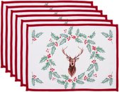 HAES DECO - Set de 6 Napperons - dim. 48x33 cm - coloris Wit / Rouge / Marron / Vert - 100% Katoen - Collection : Holly Christmas - Napperons de Noël