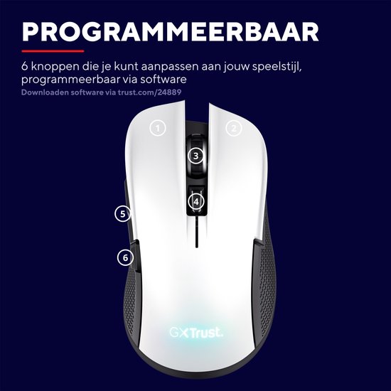 Witte gaming muis met genummerde programmeerbare knoppen 1-6. "Programmeerbaar" met tekst.