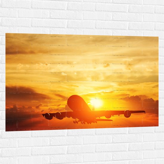 Muursticker - Opstijgend Vliegtuig bij Felle Zonsondergang - 120x80 cm Foto op Muursticker