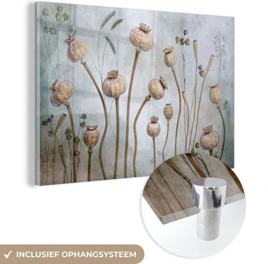 Glasschilderij - Bloemen - Verf - Stilleven - Planten - Bruin - Foto op glas - Glazen plaat - 150x100 cm - Schilderij glas - Muurdecoratie