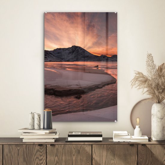 Peinture sur verre - Montagnes - Neige - Paysage - Coucher de soleil - Oranje - Photo sur verre - 40x60 cm - Peinture sur verre - Plaque de Verres - Décoration murale