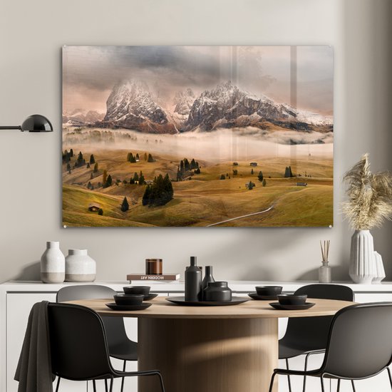 Peinture sur verre - Paysage - Berg - Neige - Arbres - Peinture sur verre - 120x80 cm - Décoration murale - Plaque de Verres - Photo sur verre