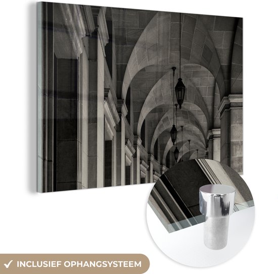 Peinture sur verre - Architecture - Couloir - Lumière - Zwart et blanc - Plaque de Verres - Photo sur verre - 120x80 cm - Décoration murale murale - Peinture sur verre