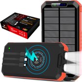 Solar Powerbank 30000 mAh Wireless Charger - Powerbank Zonneenergie - Powerbank Iphone en Samsung - met USB C Micro USB en Lightning - Rood - Tensfact®
