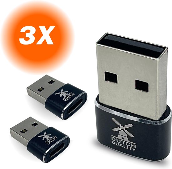 Dutch Quality® - Ensemble de 3 - Adaptateur USB-A vers USB-C - Hub de conversion USB A vers USB C - Zwart - 3 pièces