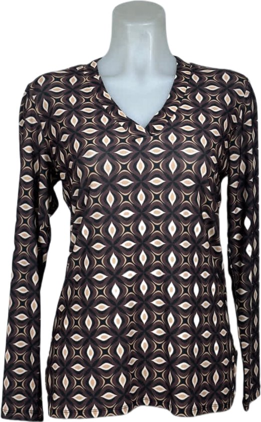 Angelle Milan – Travelkleding voor dames – Cappuchino Patroon blouse – Ademend – Kreukvrij – Duurzame Jurk - In 5 maten - Maat L