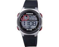 Xonix BBC-007 - Horloge - Digitaal - Unisex - Rond - Siliconen band - ABS - Cijfers - Achtergrondverlichting - Datumaanduiding - Alarm - Start-Stop - Chronograaf - Tweede tijdzone - Zwart - Zilverkleurig - Waterdicht - 10 ATM